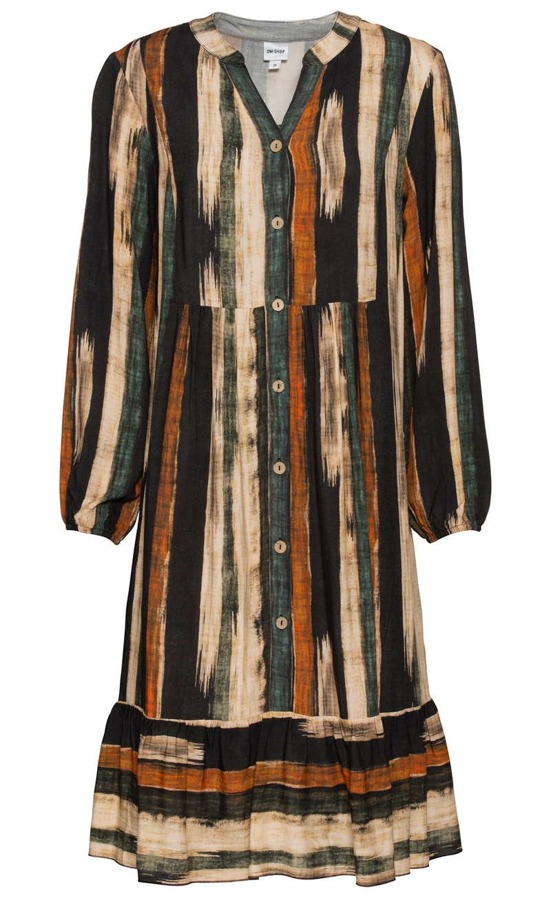 Langärmliges Viskose-Kleid mit Knopfleiste, gestufter Saum, gemustert mit breiten vertikalen Streifen in Schwarz, Beige, Grün und Orange, Rundhalsausschnitt mit kleinem V-Schlitz, elastische Ärmelbündchen.