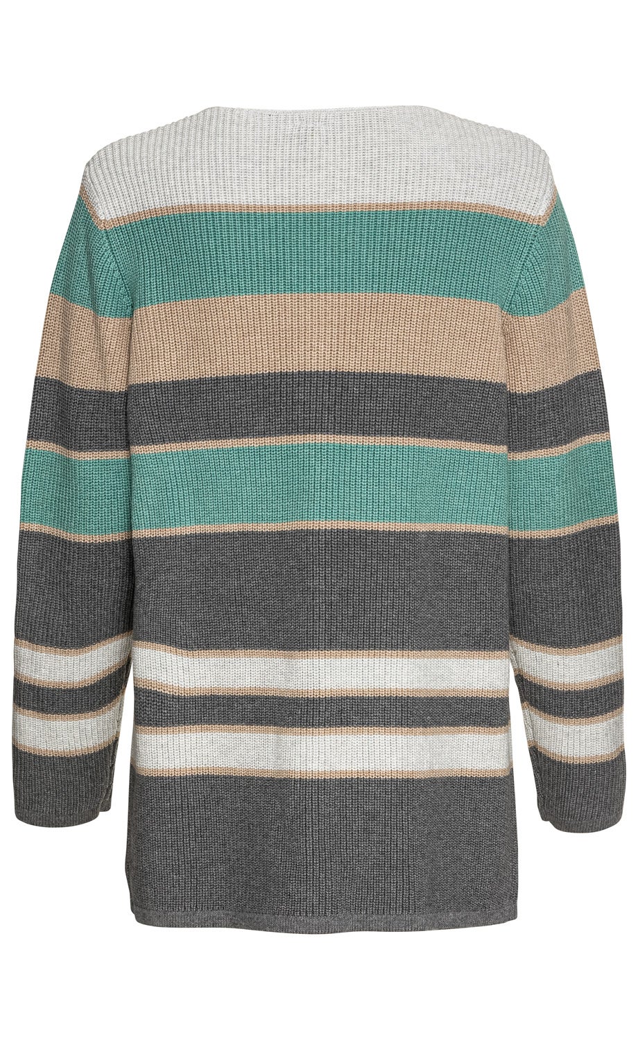 Baumwoll-Strickjacke, Rückansicht, mehrfarbig mit breiten horizontalen Streifen in Weiß, Türkis, Beige und Grau, grob gestrickt, lange Ärmel, gerade geschnitten, ohne sichtbare Verschlüsse, legerer Stil