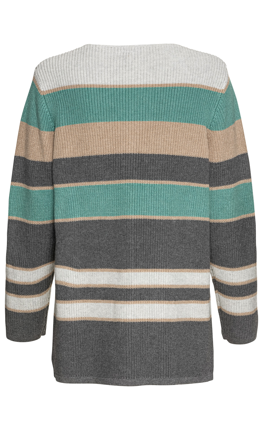 Baumwoll-Strickjacke, Rückansicht, mehrfarbig mit breiten horizontalen Streifen in Weiß, Türkis, Beige und Grau, grob gestrickt, lange Ärmel, gerade geschnitten, ohne sichtbare Verschlüsse, legerer Stil