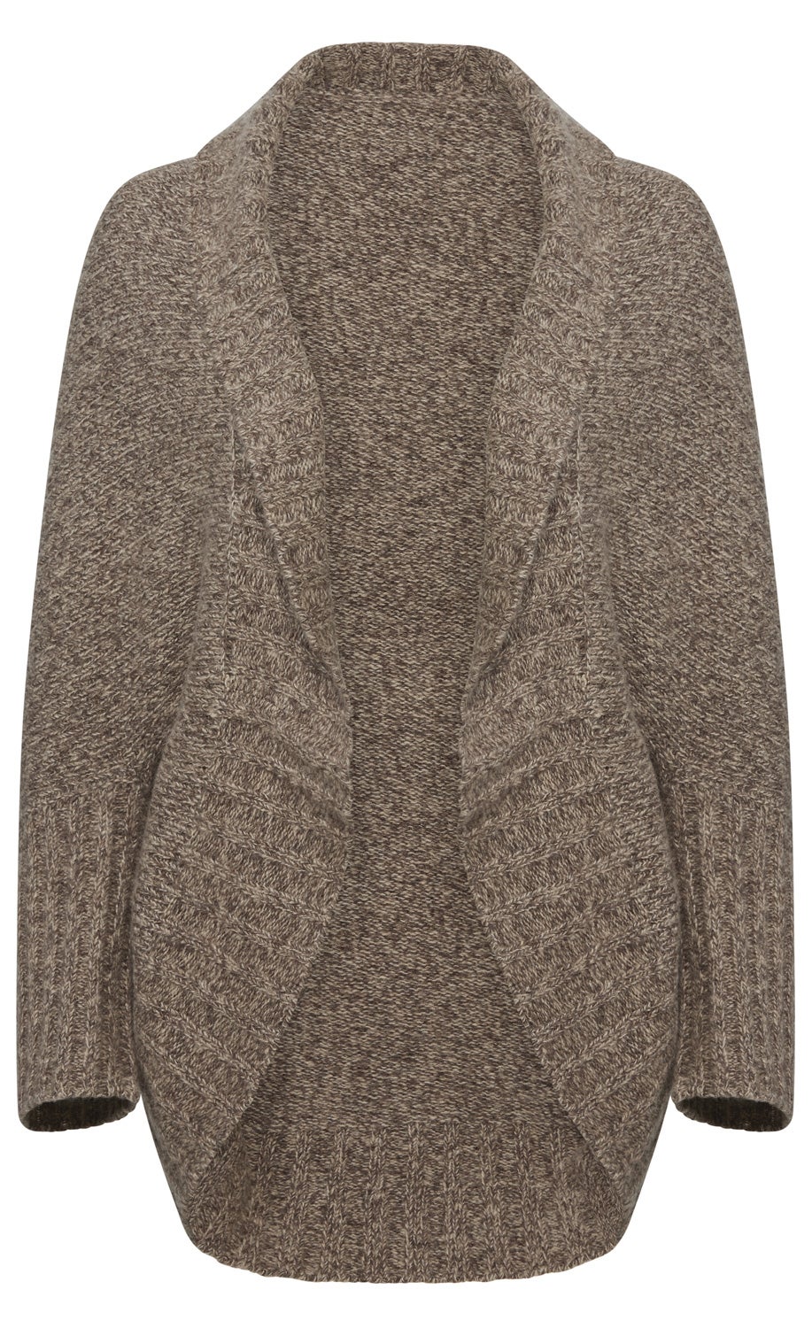 brauner grob gestrickter Cardigan mit Schalkragen und offenem Schnitt, mittellang, mit gerippten Ärmeln und Saum, weiche warme Strickjacke, unisex-Design