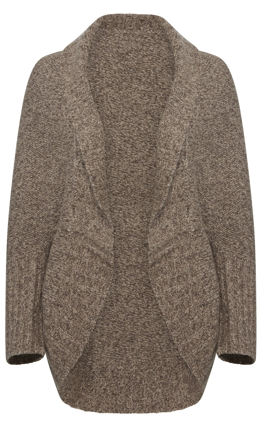 brauner grob gestrickter Cardigan mit Schalkragen und offenem Schnitt, mittellang, mit gerippten Ärmeln und Saum, weiche warme Strickjacke, unisex-Design