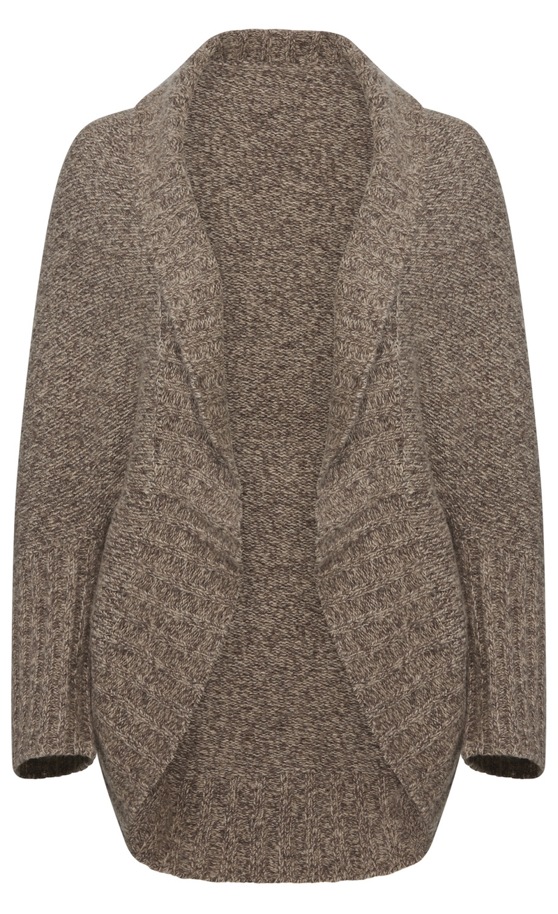 brauner grob gestrickter Cardigan mit Schalkragen und offenem Schnitt, mittellang, mit gerippten Ärmeln und Saum, weiche warme Strickjacke, unisex-Design