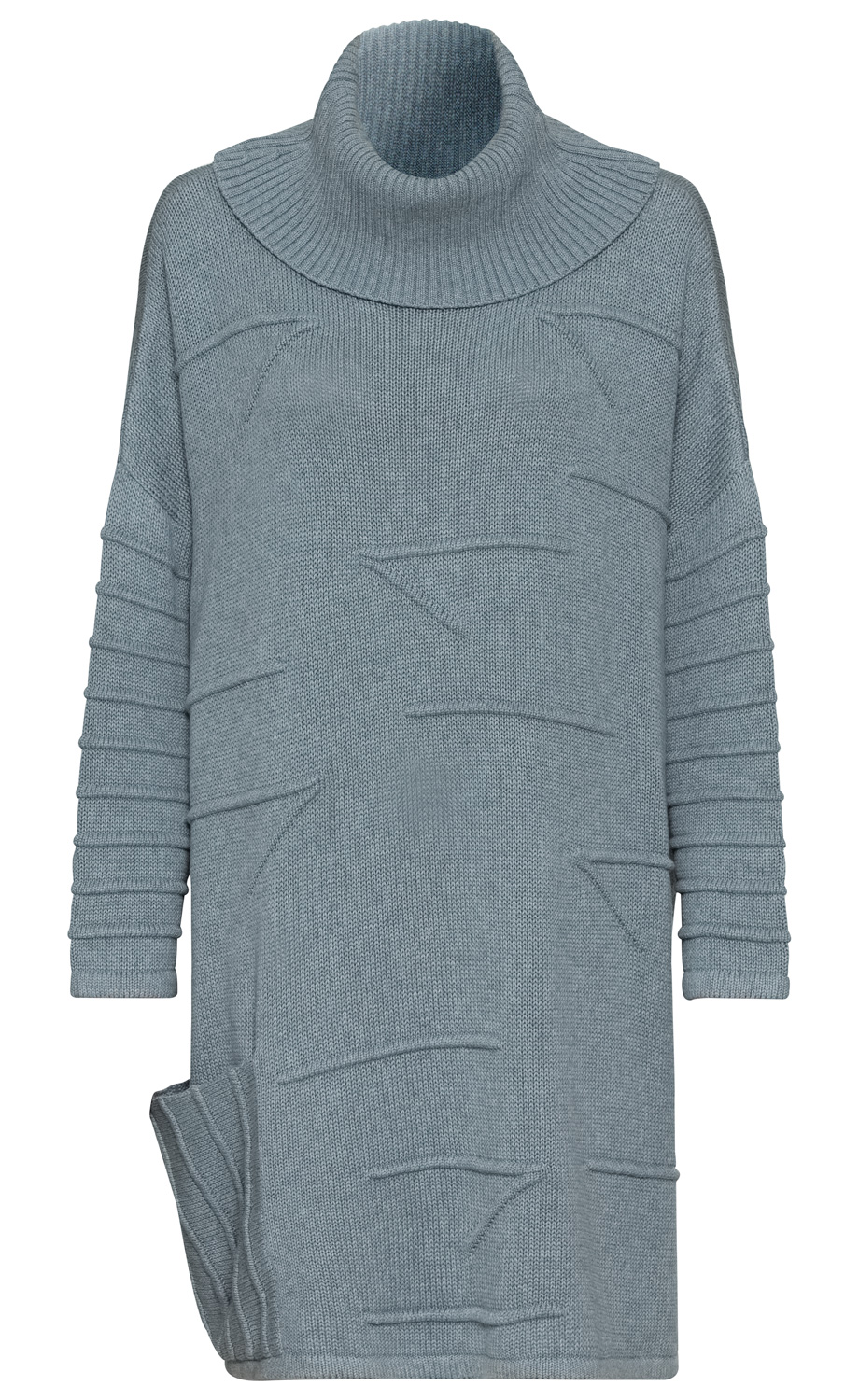 hellblauer Baumwoll-Mix-Pullover mit weitem Rollkragen, langen gerippten Ärmeln, strukturierter Strickoptik und seitlichem Schlitz am Saum
