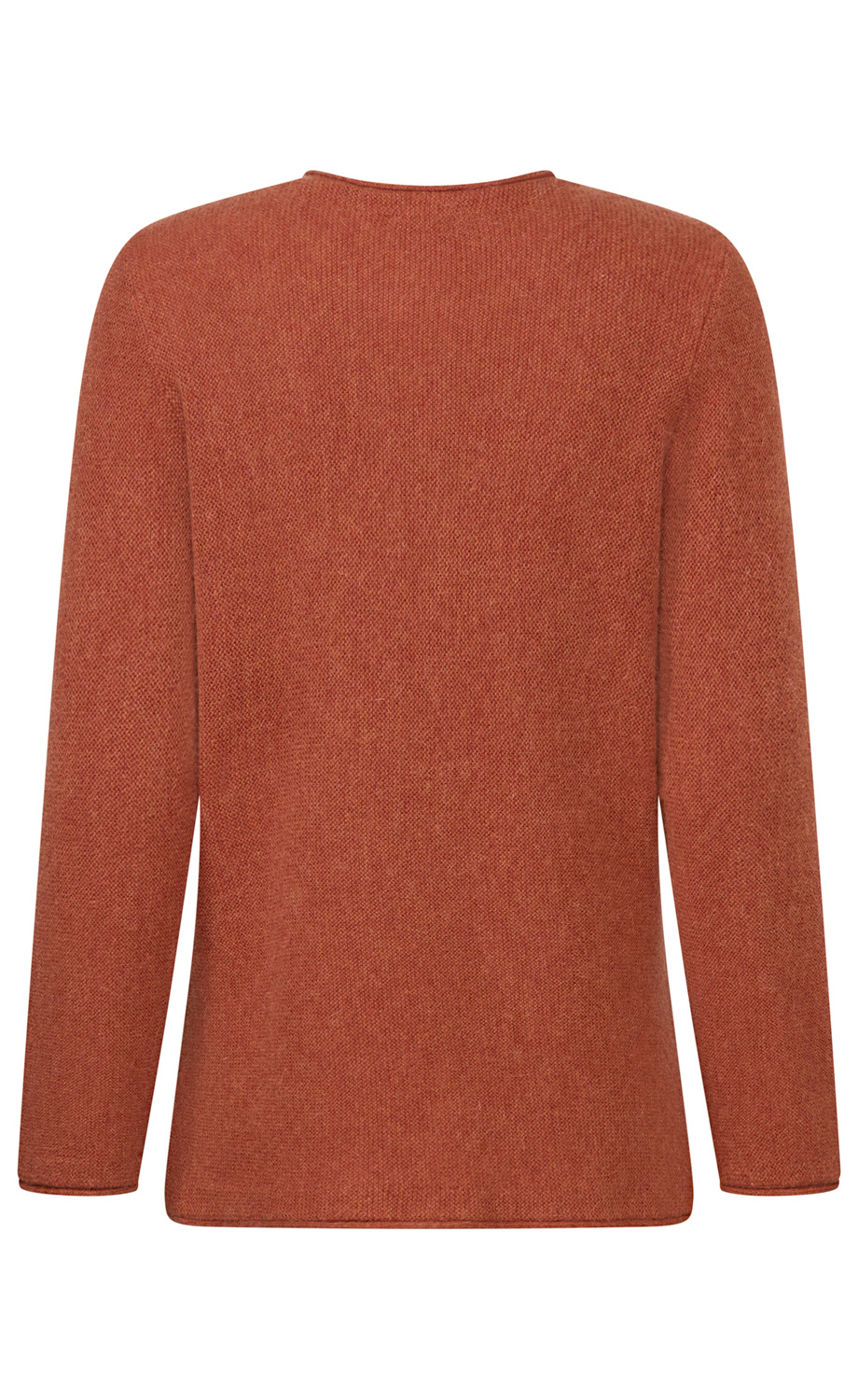 Rostroter langärmliger Pullover aus feinem Strickstoff, hinten gezeigt, mit rundem Halsausschnitt, schlichter unifarbener Struktur, gerade geschnitten und ohne Muster oder Verzierungen.