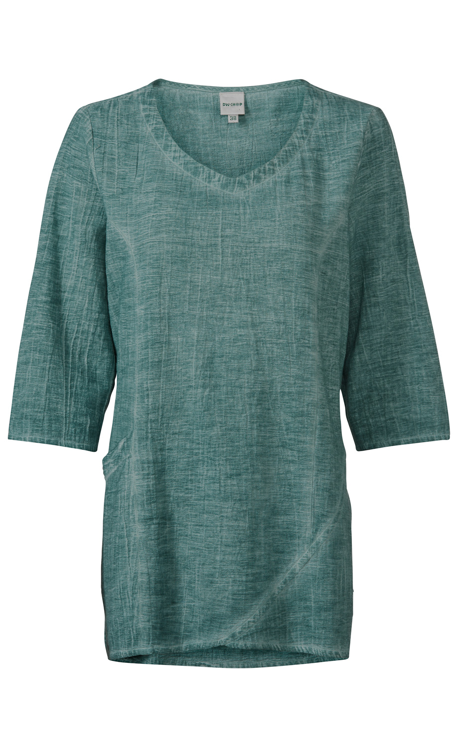 grüne Baumwoll-Bluse mit halblangen Ärmeln, V-Ausschnitt und strukturiertem Muster, Größe 38, leichter Stoff, legere Passform