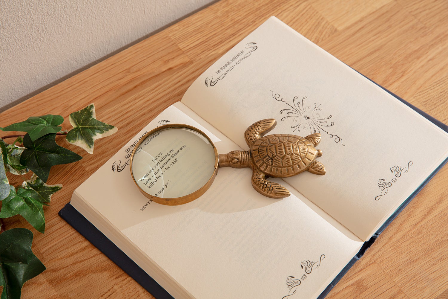 Metall-Lupe mit 18 cm Länge und Schildkrötenmotiv, liegt auf aufgeschlagenem Buch mit sichtbarem Text, auf hellem Holztisch, links daneben grünes Efeu-Dekor