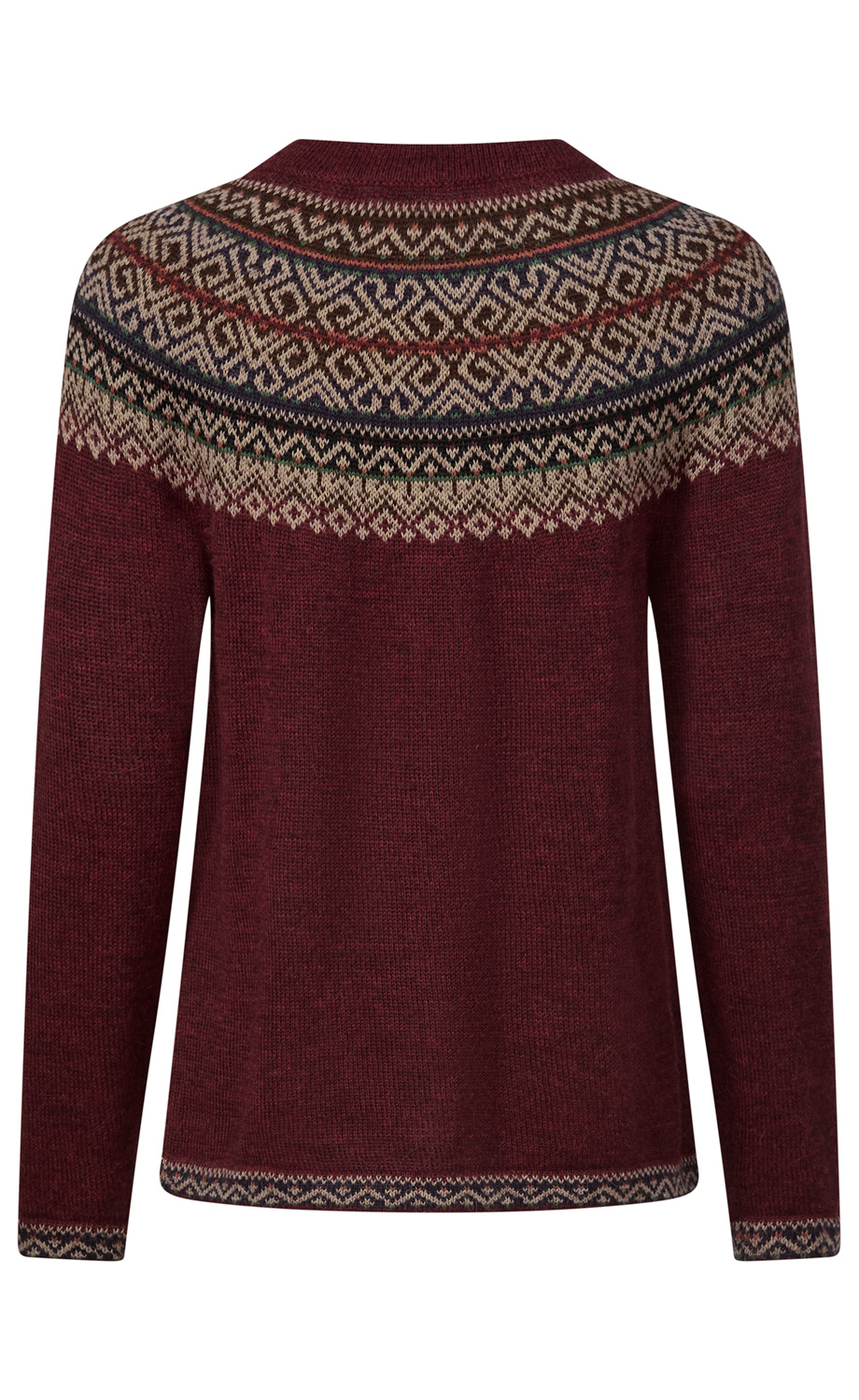 Dunkelroter Pullover mit langem Arm, Rundhalsausschnitt, Fair-Isle Muster in Beige, Braun, Dunkelblau und Grün rund um Schultern und Ärmelenden, gerader Schnitt, gestrickt