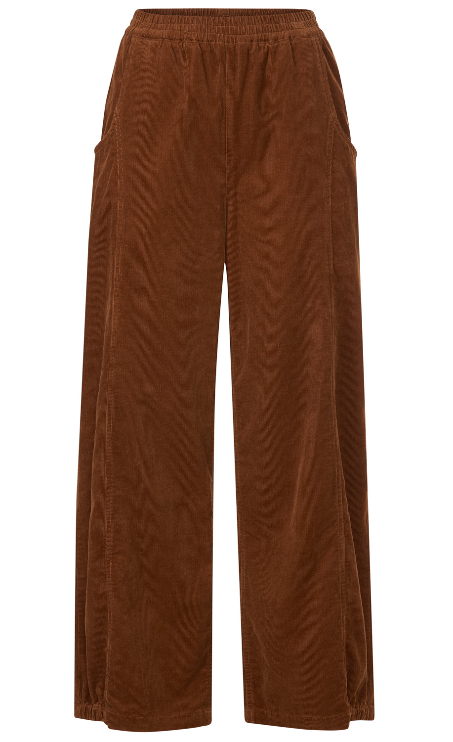 braune Baumwoll-Hose aus Cord mit weitem Bein, elastischem Bund und seitlichen Eingrifftaschen, lässiger Schnitt
