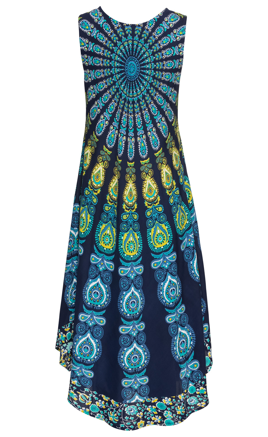 Ärmelloses Viskose-Kleid mit rundem Ausschnitt, weiter Schnitt, dunkelblauem Grund und buntem Ethno-Muster in Türkis, Hellblau, Gelb und Weiß, asymmetrischem Saum, fließendem Stoff.