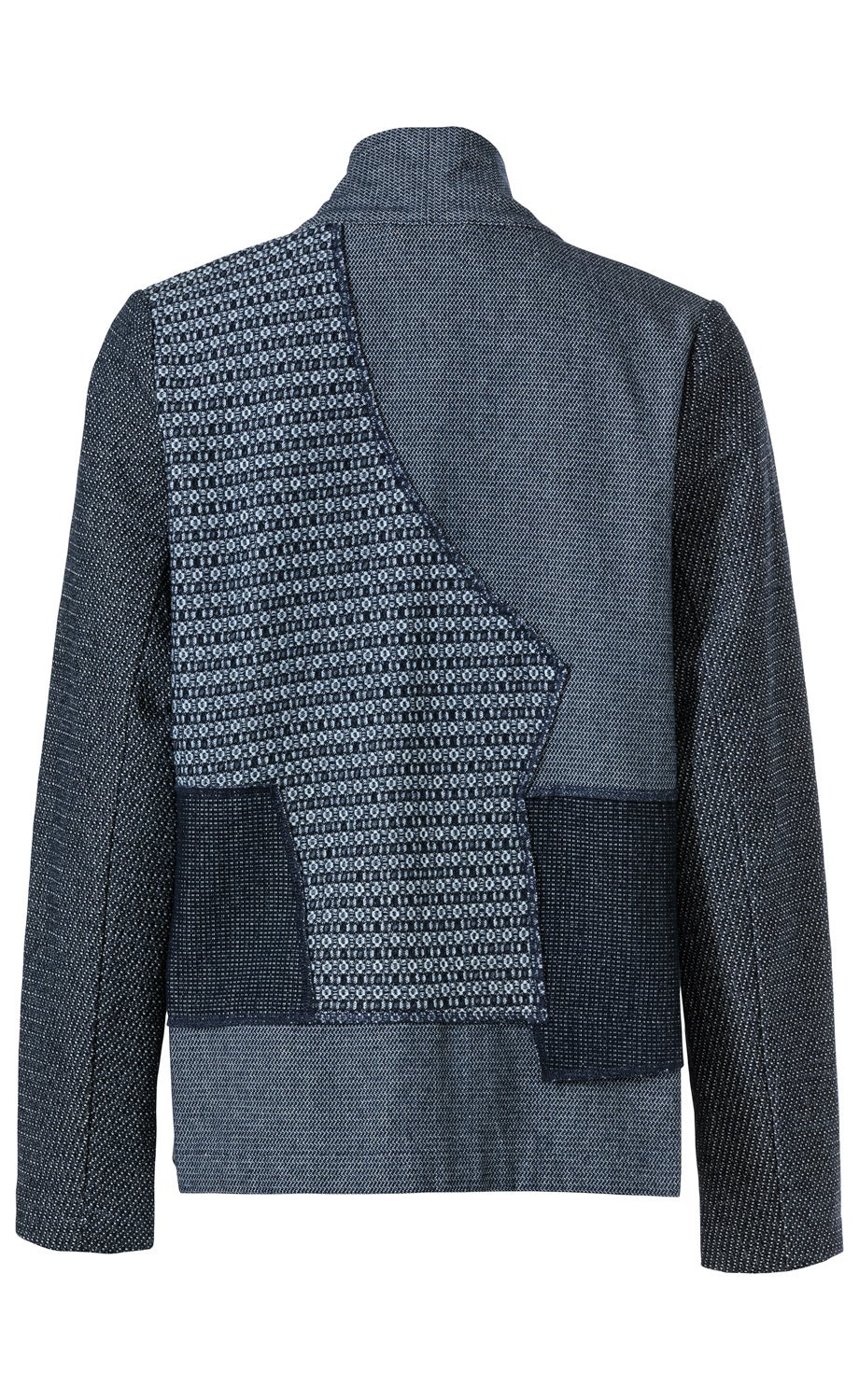 Baumwoll-Mix-Jacke in Blau mit Patchwork-Design aus verschiedenen Strickmustern und Texturen, langärmlig, Stehkragen, Rückansicht