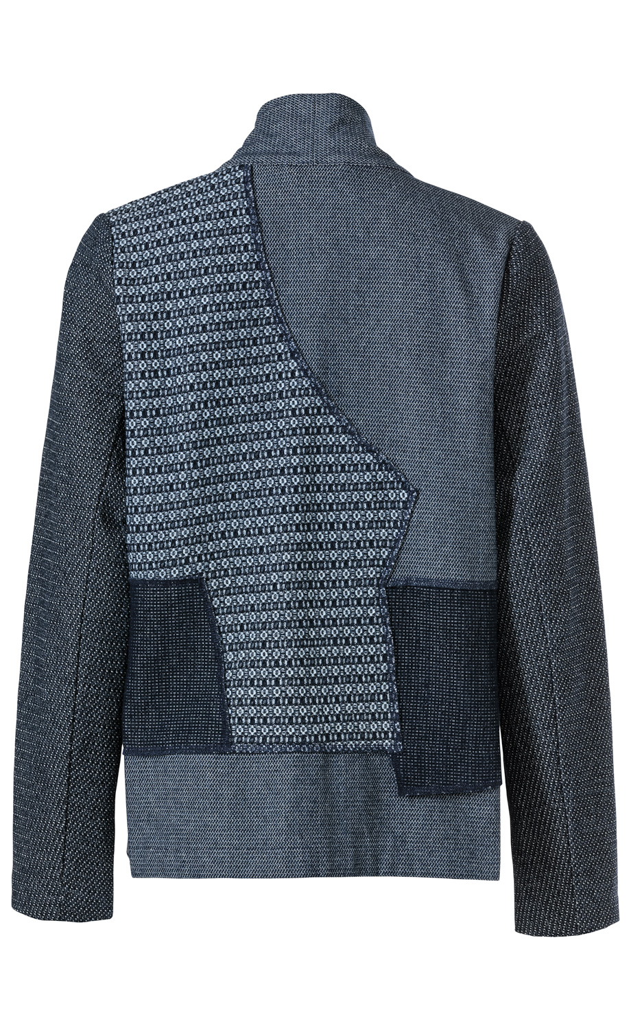 Baumwoll-Mix-Jacke in Blau mit Patchwork-Design aus verschiedenen Strickmustern und Texturen, langärmlig, Stehkragen, Rückansicht