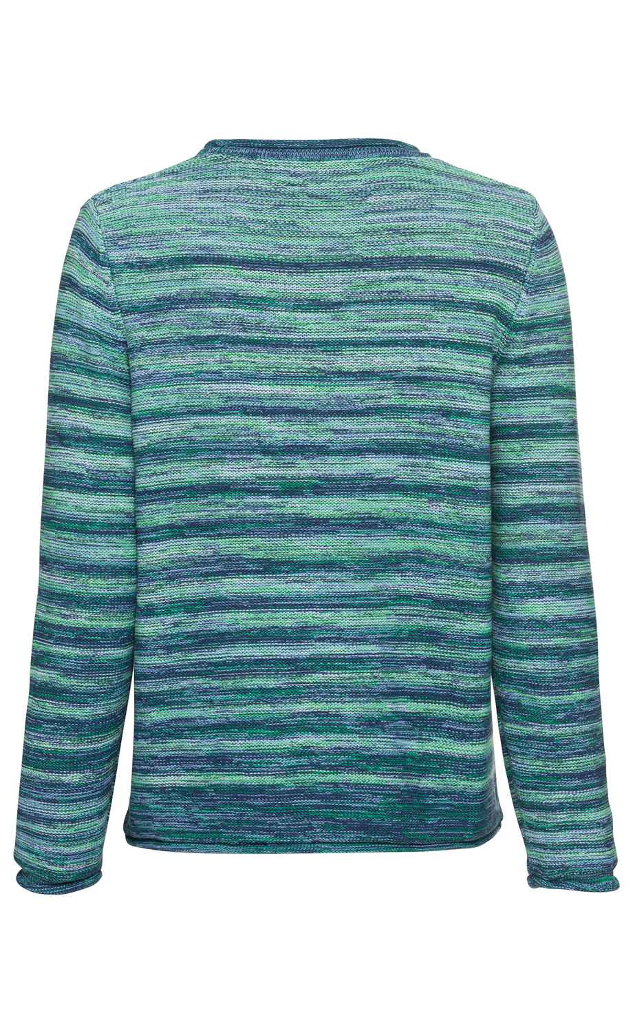 Rückansicht eines langärmligen Baumwoll-Pullovers mit Rundhalsausschnitt, gestrickt in melierten Blau- und Grüntönen mit horizontal verlaufendem Muster.