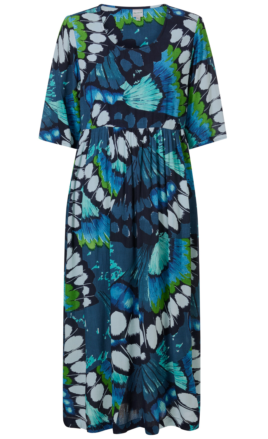 Viskose-Kleid mit halblangen Ärmeln, weitem Rock, Rundhalsausschnitt und mehrfarbigem Schmetterlingsmuster in Blau-, Grün-, Schwarz- und Weißtönen