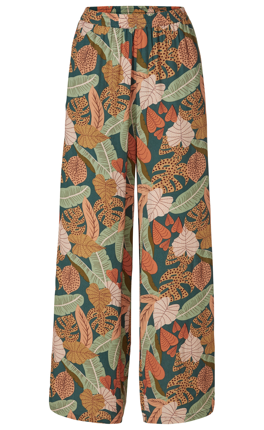 Viskose-Hose mit weitem Bein, elastischem Bund, grünem Hintergrund und buntem Blattmuster in Beige, Orange, Braun und Hellgrün