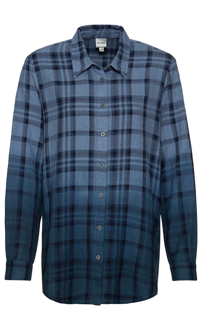 Baumwoll-Bluse mit blauem, kariertem Muster, langärmlig, Knopfleiste vorne, Hemdblusenkragen, leicht tailliert, Größe 38, warm und weich, ideal für Herbst und Winter.