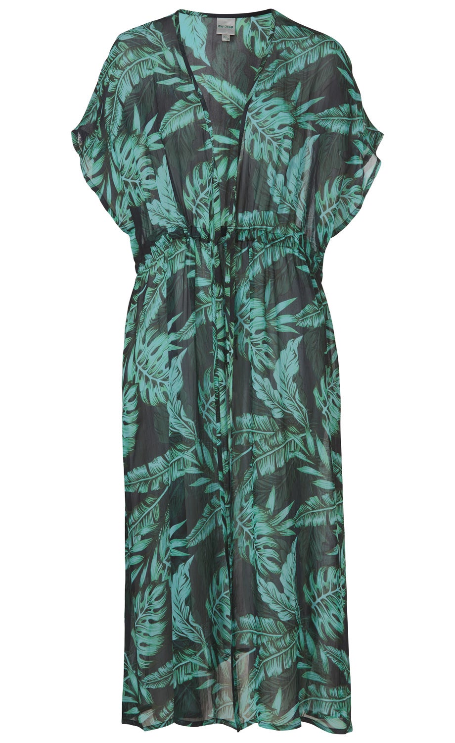 schwarzer Viskose-Kaftan mit grünem tropischem Blattmuster, V-Ausschnitt, kurzen Fledermausärmeln und Taillenzug mit Kordel, leicht transparent, knie- bis wadenlang