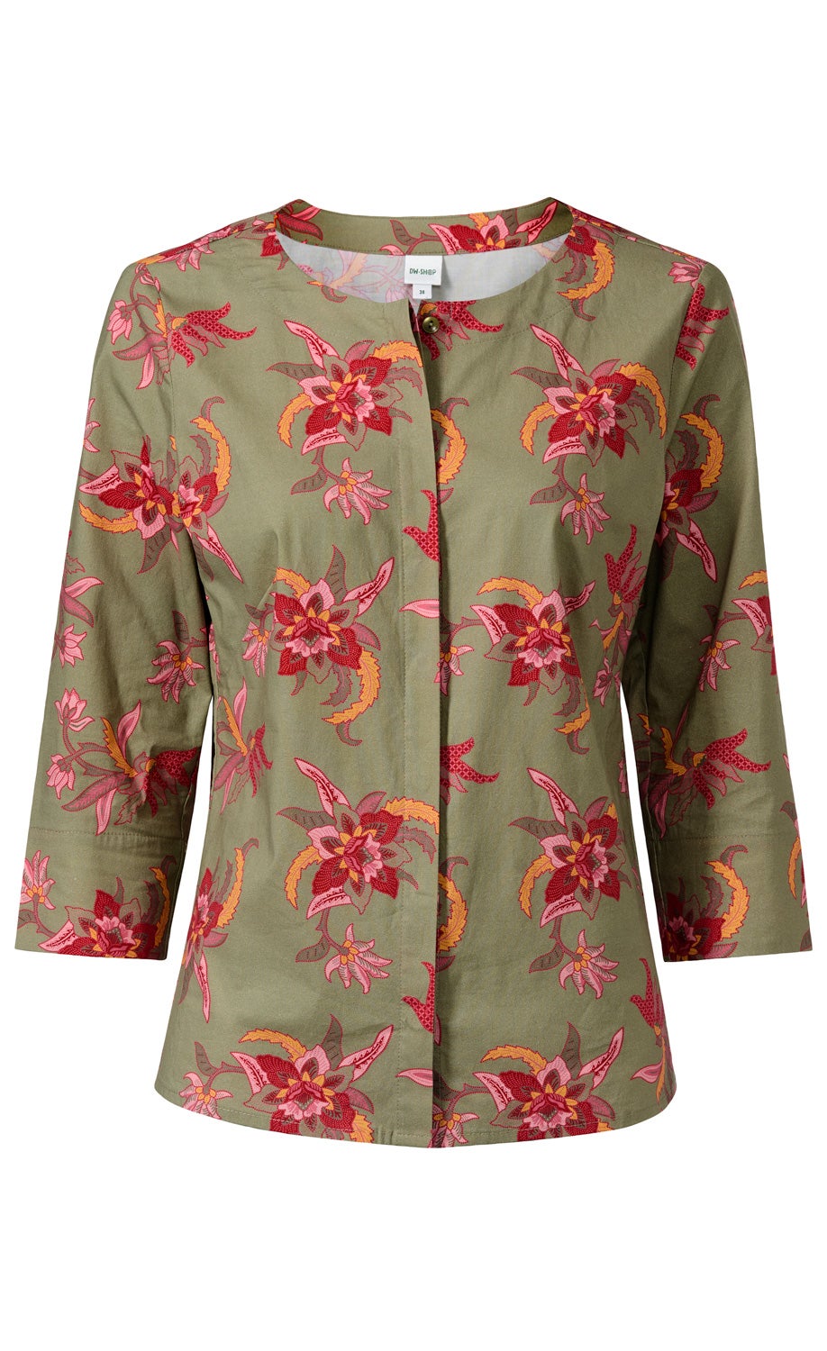 Baumwoll-Mix-Bluse in Olivgrün mit buntem floralen Muster in Rot, Pink und Orange, 3/4-Ärmeln, rundem Ausschnitt und verdeckter Knopfleiste vorne