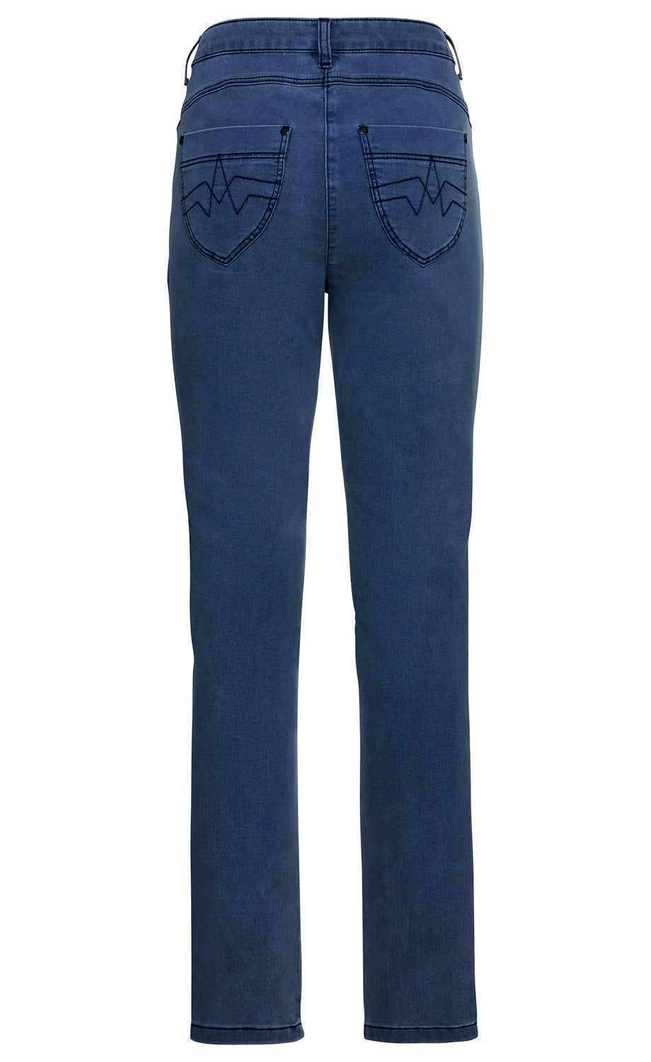 Dunkelblaue Baumwoll-Mix-Hose, gerade geschnitten, mit zwei aufgesetzten Taschen hinten, dekorative Nähte auf den Taschen, mittelhoher Bund, klassische Jeans-Optik, schmal zulaufende Beine, ohne sichtbare Verzierungen oder Logos.