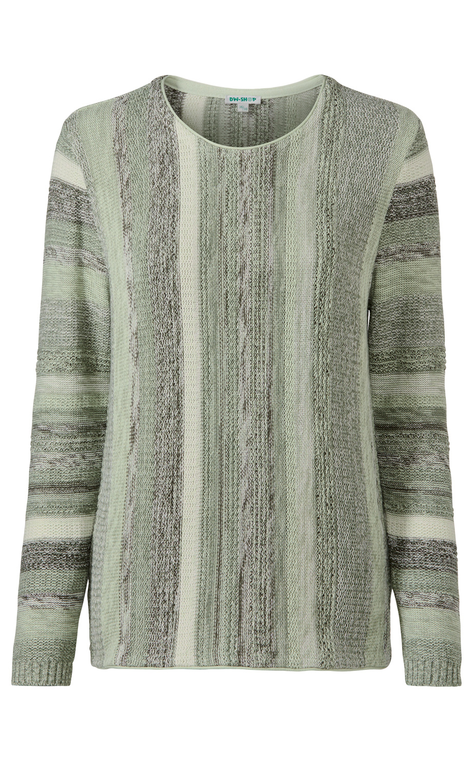Baumwoll-Pullover mit langen Ärmeln, Rundausschnitt, gestrickt in verschiedenen Grautönen und Musterstreifen, lockere Passform, strukturierte Oberfläche