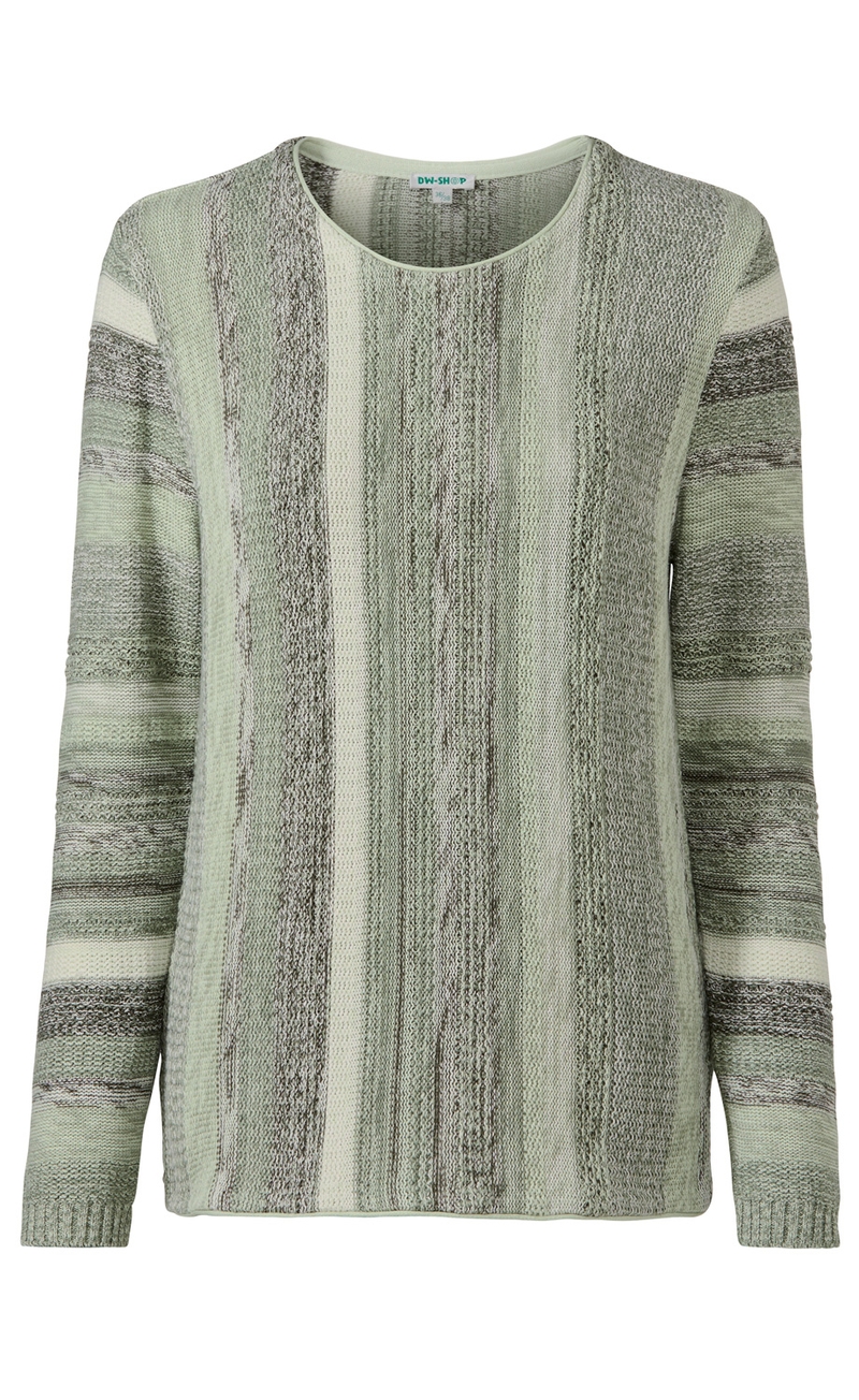Baumwoll-Pullover mit langen Ärmeln, Rundausschnitt, gestrickt in verschiedenen Grautönen und Musterstreifen, lockere Passform, strukturierte Oberfläche