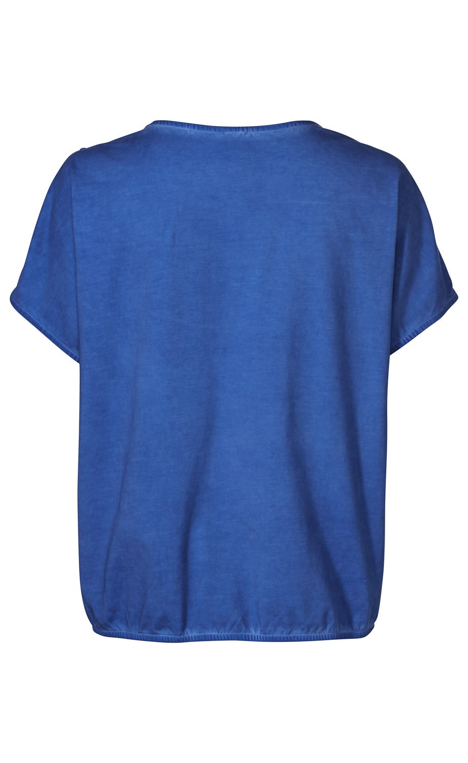 Baumwoll-Mix-Shirt in Blau, Rückansicht, kurze Ärmel, weiter Rundhalsausschnitt, leicht elastischer Saumabschluss, schlichte, einfarbige Oberfläche, locker geschnitten