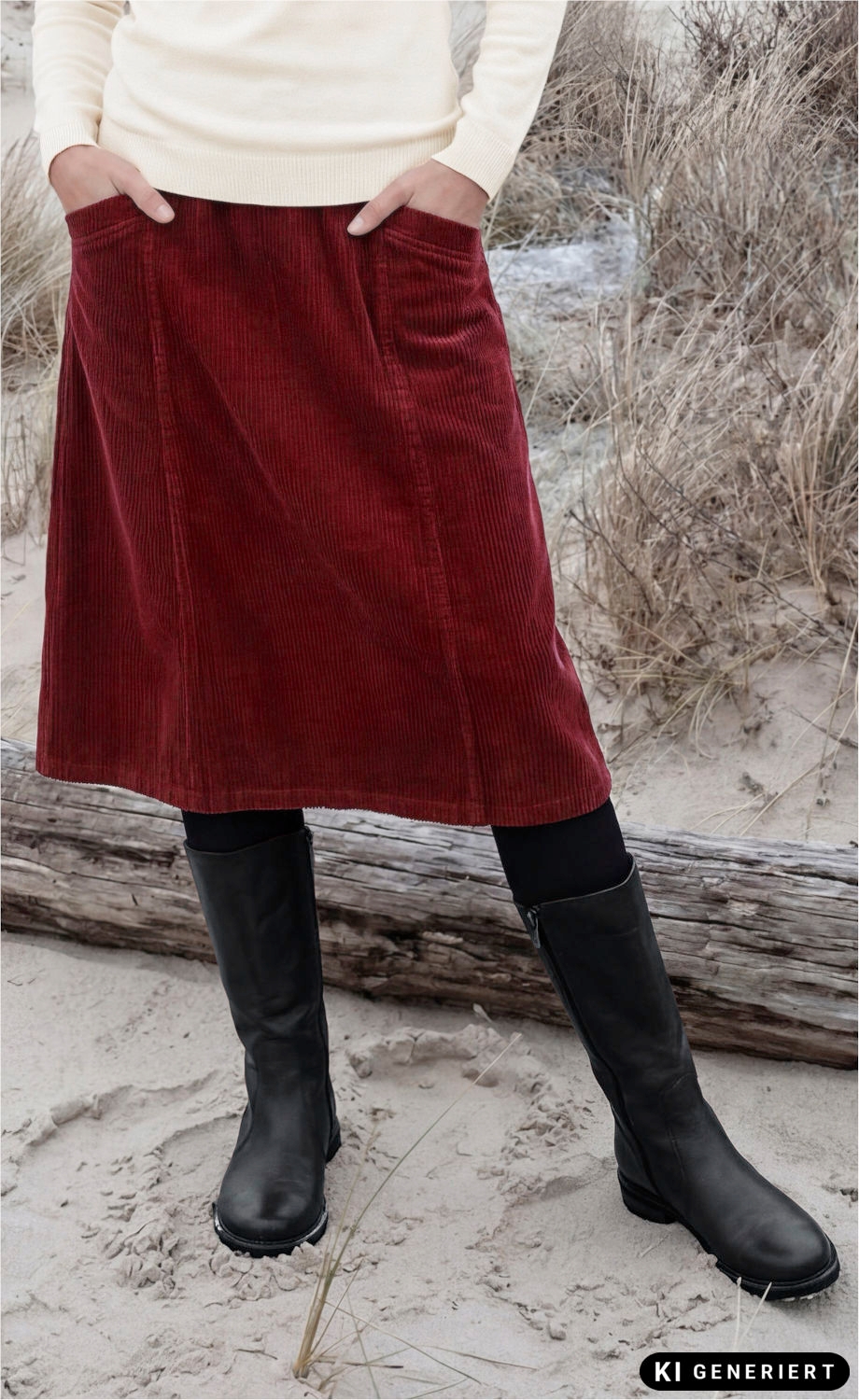 Roter Baumwoll-Rock mit Taschen, kombiniert mit schwarzer Strumpfhose und schwarzen kniehohen Stiefeln, Umgebung am Strand mit Sand und trockenem Gras im Hintergrund