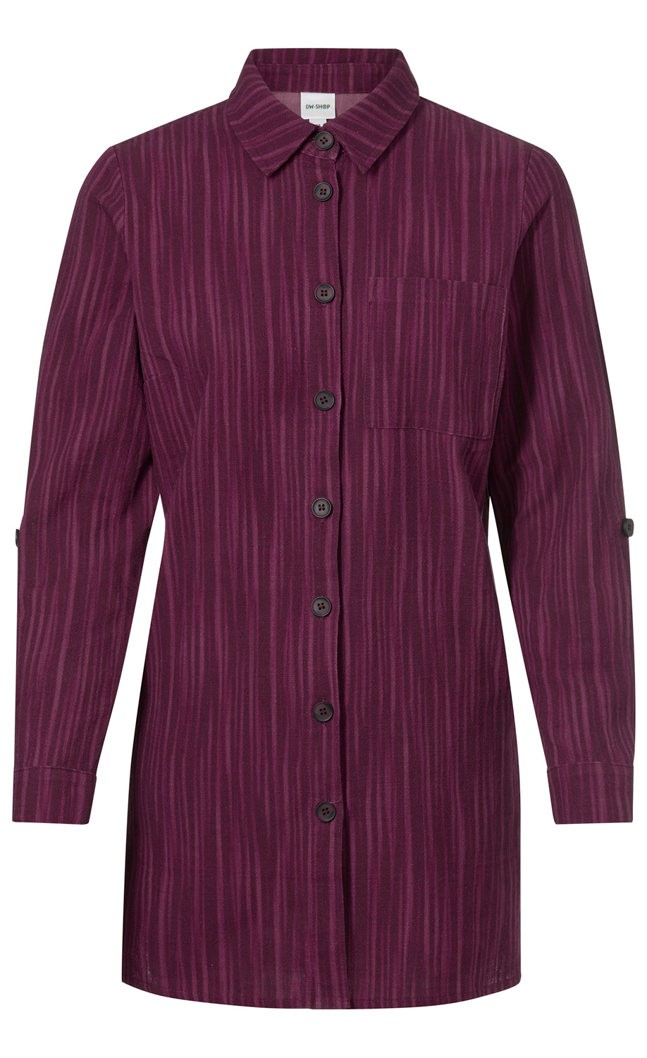 Baumwoll-Bluse in Dunkelviolett mit feinen, vertikalen Streifen, Knopfleiste vorne mit schwarzen Knöpfen, klassischem Kragen, Brusttasche links und langen Ärmeln mit Ärmelaufschlag und Knopfverschluss.
