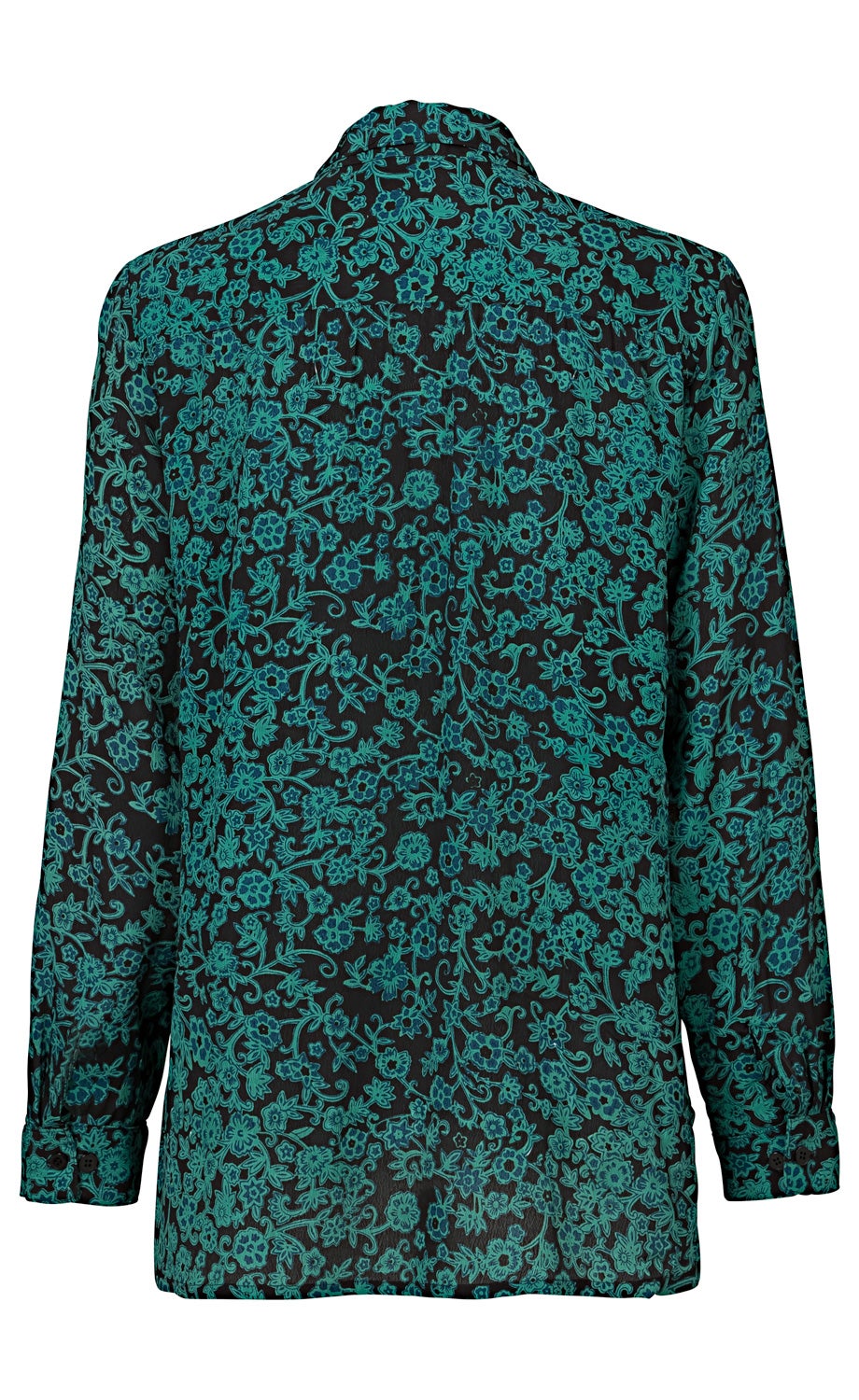 Rückansicht einer Viskose-Bluse mit langem Arm, schwarzem Grund und dichtem, türkisem Blumenmuster, Kragen und Manschetten mit Knöpfen, locker geschnittene Passform.