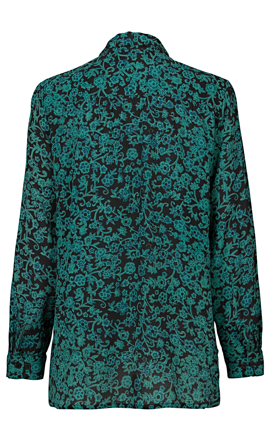 Rückansicht einer Viskose-Bluse mit langem Arm, schwarzem Grund und dichtem, türkisem Blumenmuster, Kragen und Manschetten mit Knöpfen, locker geschnittene Passform.