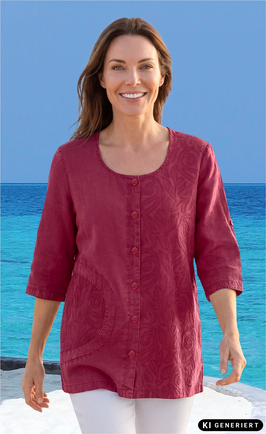 Frau trägt rote Baumwoll-Bluse mit Knopfleiste und filigranen Stickereien, 3/4-Ärmel, steht vor blauem Meer und Himmel, blickt lächelnd in die Kamera