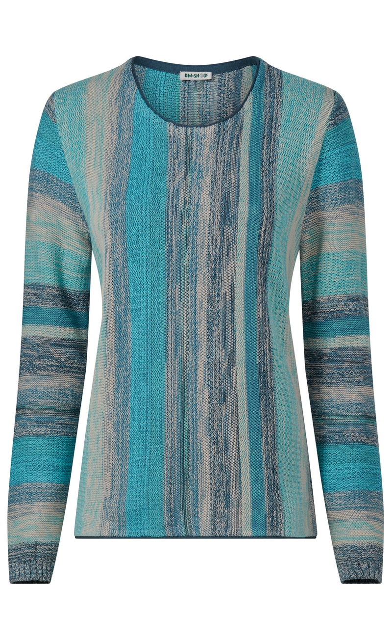 Langärmliger Pullover mit Rundhalsausschnitt, gestrickt mit vertikalen Streifen in verschiedenen Blautönen und Beige, leicht tailliert, mit engem Bündchen an den Ärmeln, Marke DW-Shop