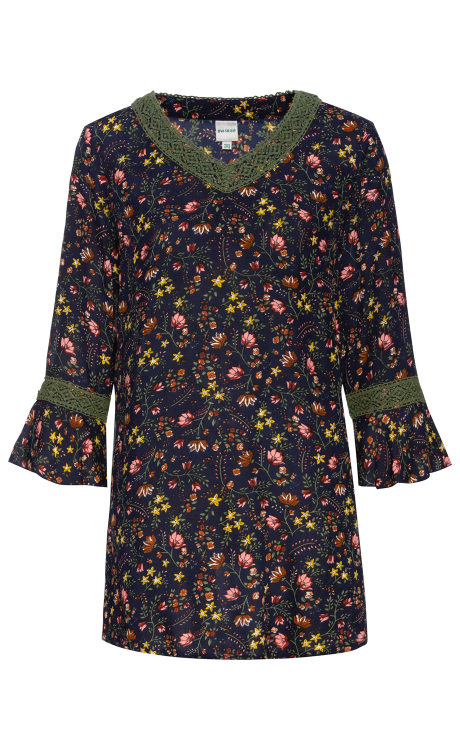 Dunkelblaue Viskose-Bluse mit buntem Blumenmuster in Gelb, Rosa und Braun, V-Ausschnitt und Spitzenborte in Olivgrün am Kragen und an den 3/4 Ärmeln mit Volantabschluss