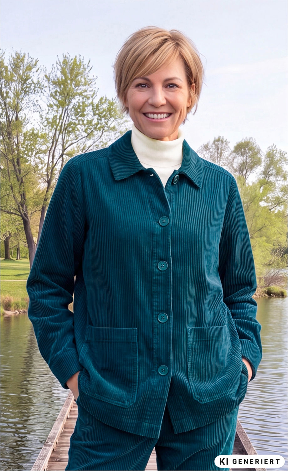 Frau lächelt, trägt dunkelgrüne Baumwoll-Cord-Jacke mit Knöpfen und zwei aufgesetzten Taschen, steht auf Steg am ruhigen See, trägt weißen Rollkragenpullover, im Hintergrund Bäume mit grünem Laub unter hellem Himmel