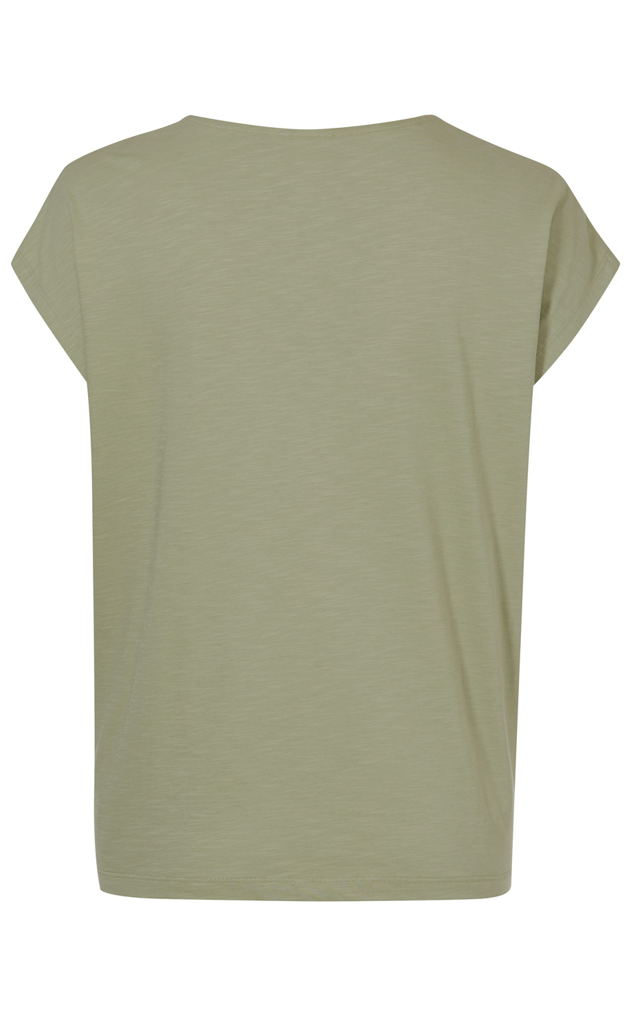 Rückansicht eines einfarbigen, hellgrünen Baumwoll-Shirts mit kurzen Ärmeln und rundem Halsausschnitt, schlicht und ohne Muster oder Aufdruck, locker geschnitten.
