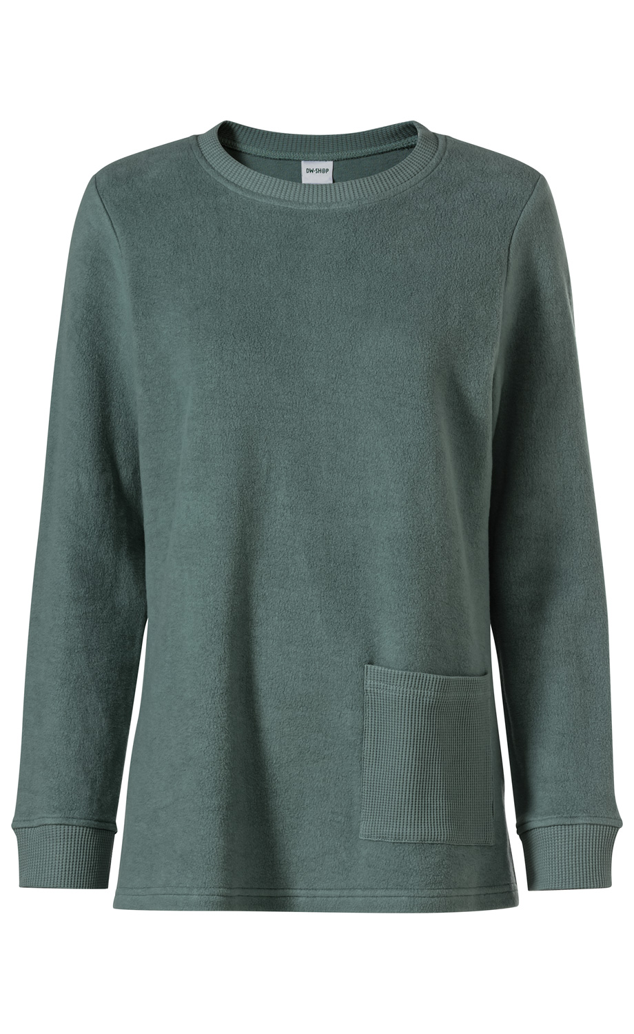 Baumwoll-Fleece-Pullover in grün mit Rundhalsausschnitt, langen Ärmeln, gerippten Bündchen und einer aufgesetzten Tasche vorne rechts aus Waffelstrickmuster