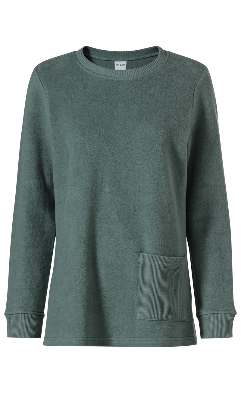 Baumwoll-Fleece-Pullover in grün mit Rundhalsausschnitt, langen Ärmeln, gerippten Bündchen und einer aufgesetzten Tasche vorne rechts aus Waffelstrickmuster