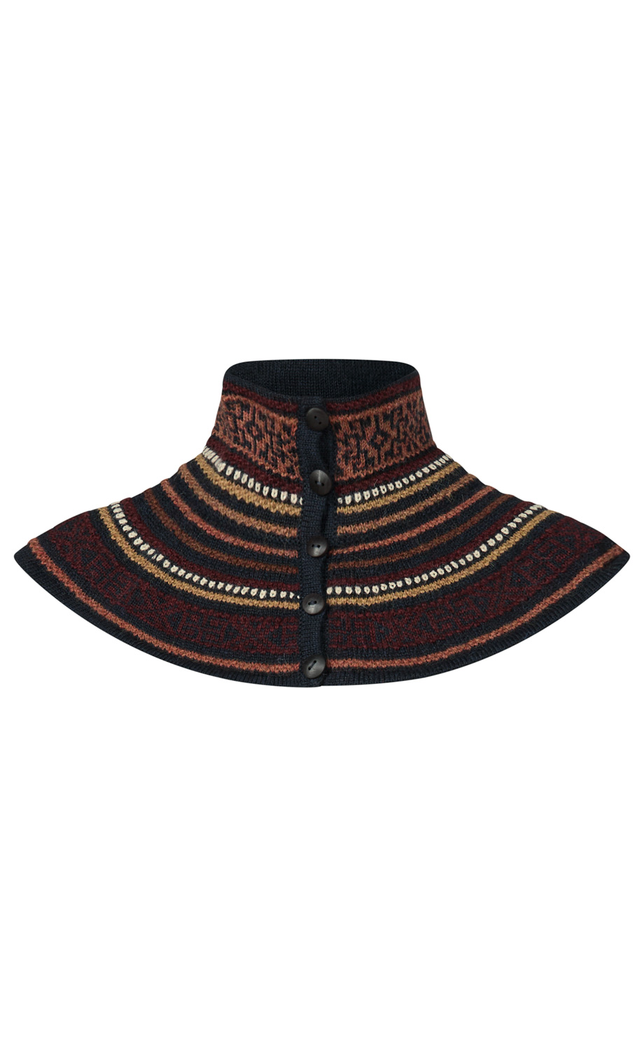Strickkragen in Flared-Form mit Knopfleiste vorne, gemustert in Schwarz, Rot, Braun und Beige mit geometrischen und Streifenmotiven, hoher Stehkragen, fünf schwarze Knöpfe mittig, warme Wintermode