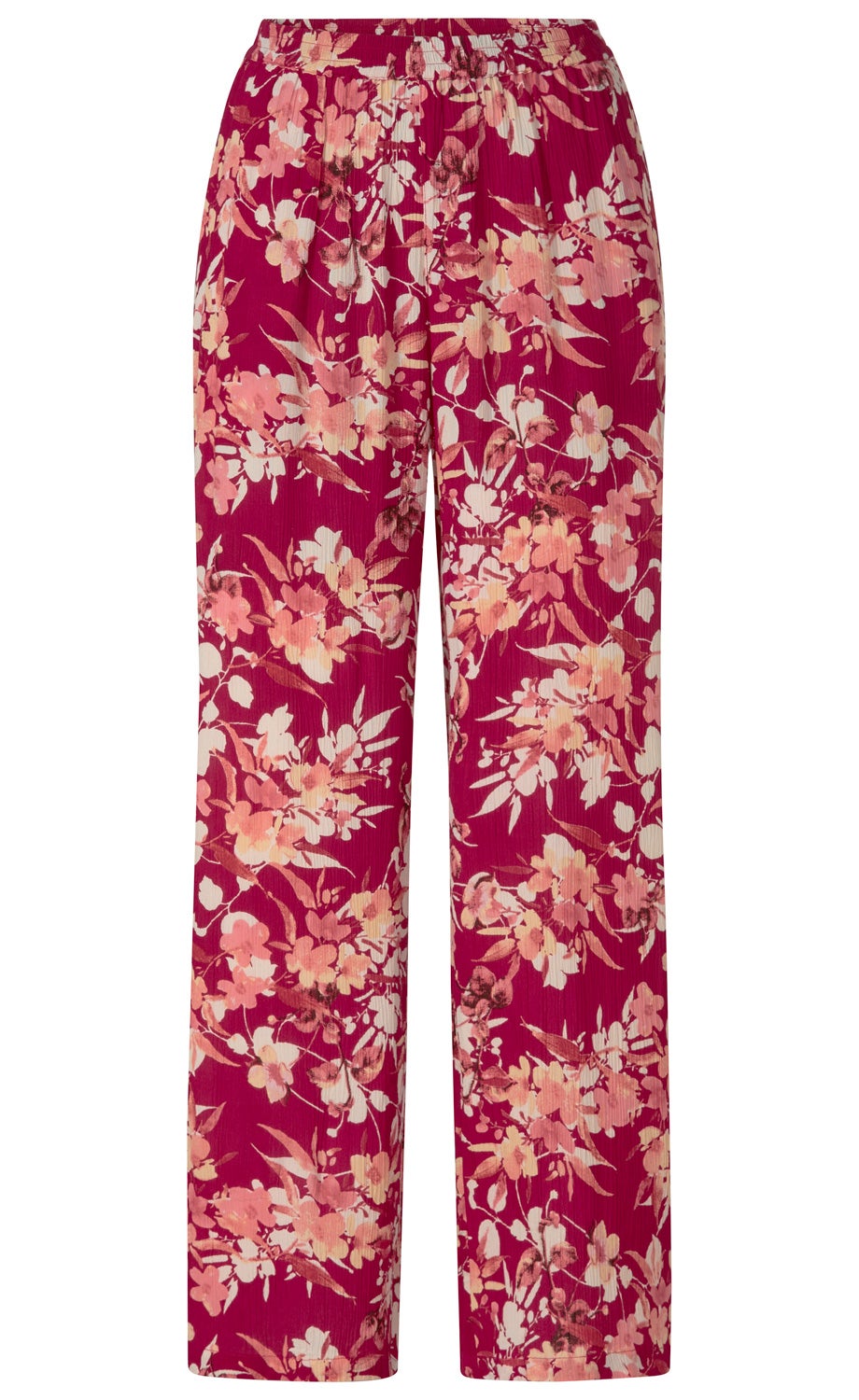 rosa-rote Viskose-Hose mit weitem Bein und elastischem Bund, geschmückt mit floralem Muster in verschiedenen Rosé- und Beigetönen auf pinkem Hintergrund