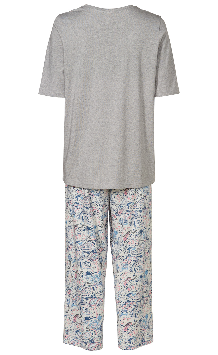 Baumwoll-Pyjama, graues Kurzarmshirt, weite lange Hose mit blau-rosa Paisley-Muster, Rückansicht, lockere Passform, bequem und leicht
