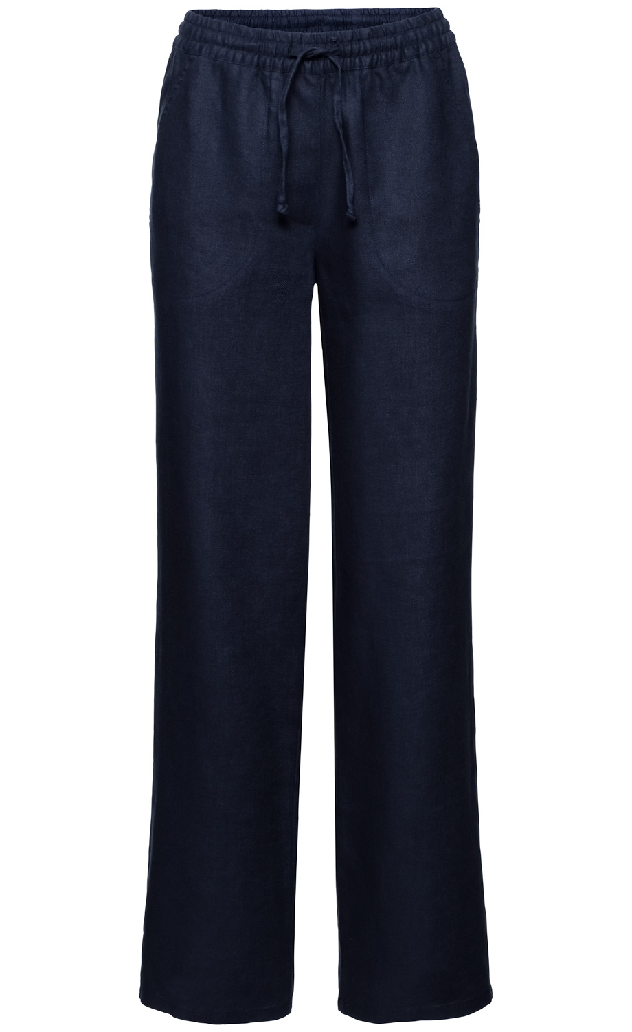 Dunkelblaue Leinen-Hose mit weitem Bein, elastischem Bund und Kordelzug, vorne mit zwei Eingrifftaschen, gerade geschnitten, leichter Stoff, lässiger Schnitt für Freizeit und Sommer.