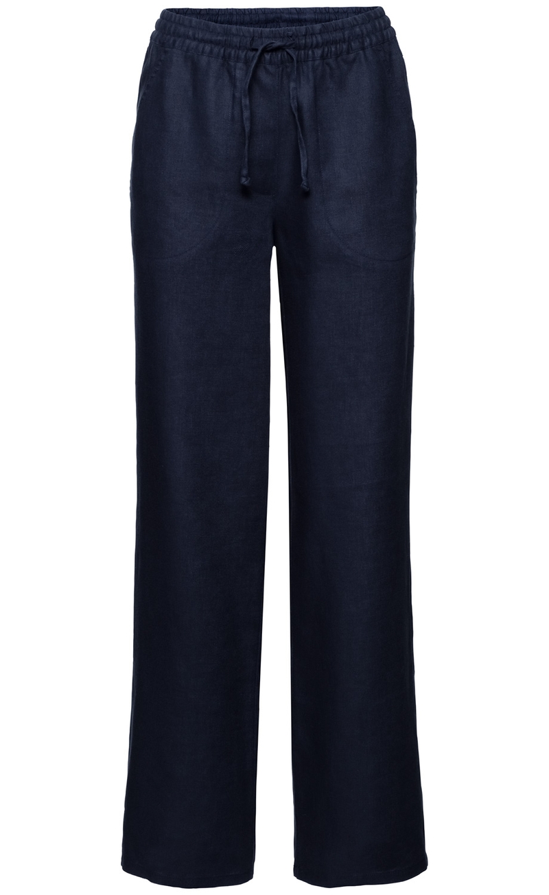 Dunkelblaue Leinen-Hose mit weitem Bein, elastischem Bund und Kordelzug, vorne mit zwei Eingrifftaschen, gerade geschnitten, leichter Stoff, lässiger Schnitt für Freizeit und Sommer.