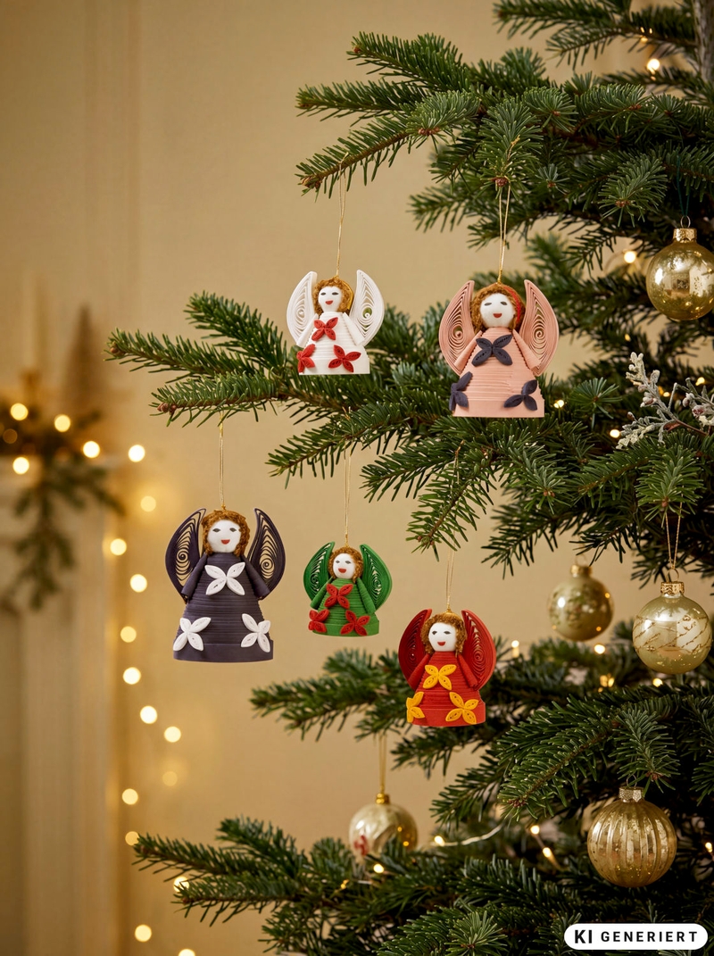 Fünf bunte Weihnachtsengel-Anhänger aus Papier mit lockigem Haar und farbigen Blumenmustern hängen an einem geschmückten Tannenbaum mit goldenen Kugeln und warmen Lichterketten im Hintergrund