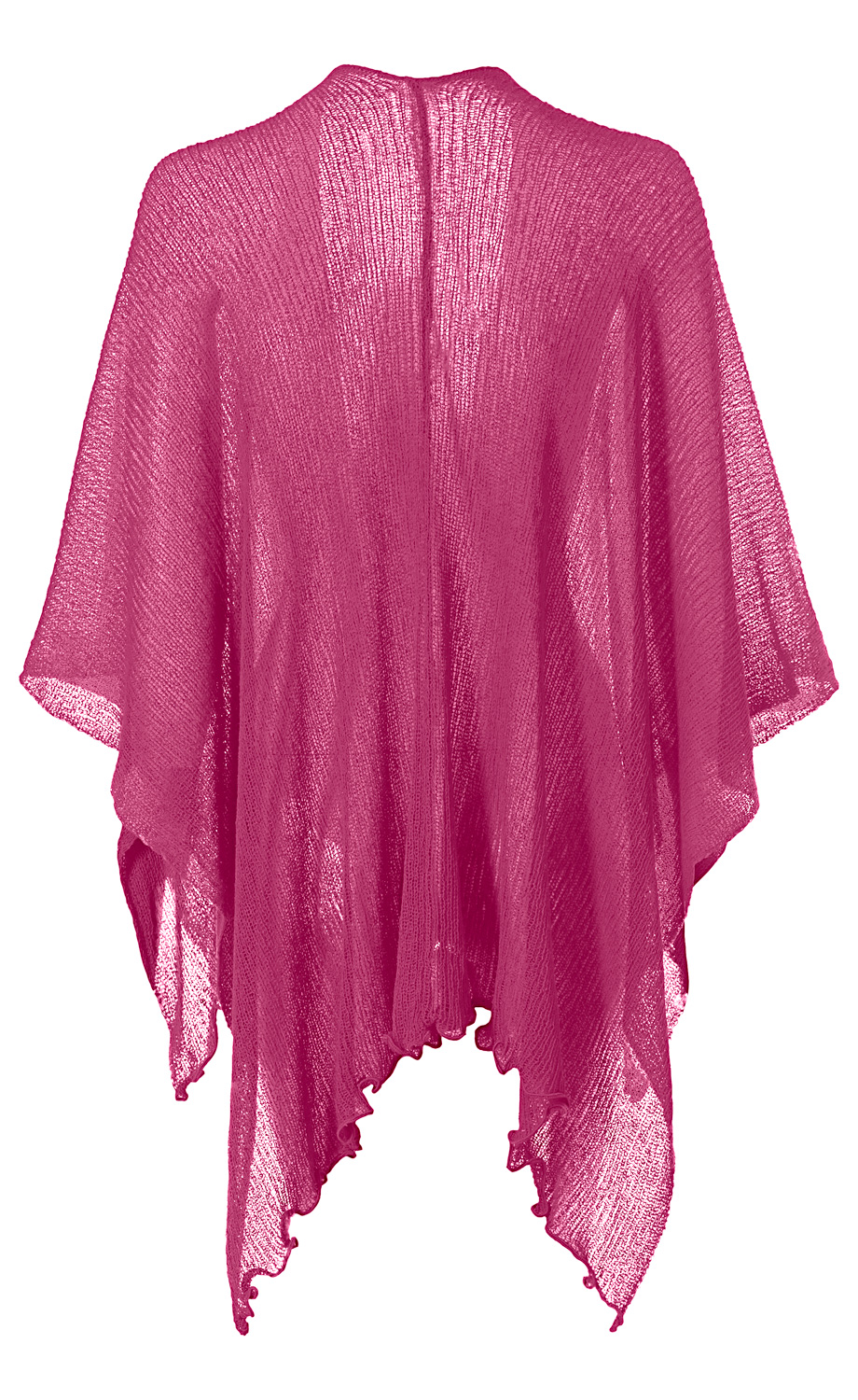 Viskose-Stola in Pink, leicht transparent, locker gestrickt, asymmetrischer Saum mit wellenförmigem Abschluss, weiche, fließende Stoffqualität, Rückansicht auf weißem Hintergrund