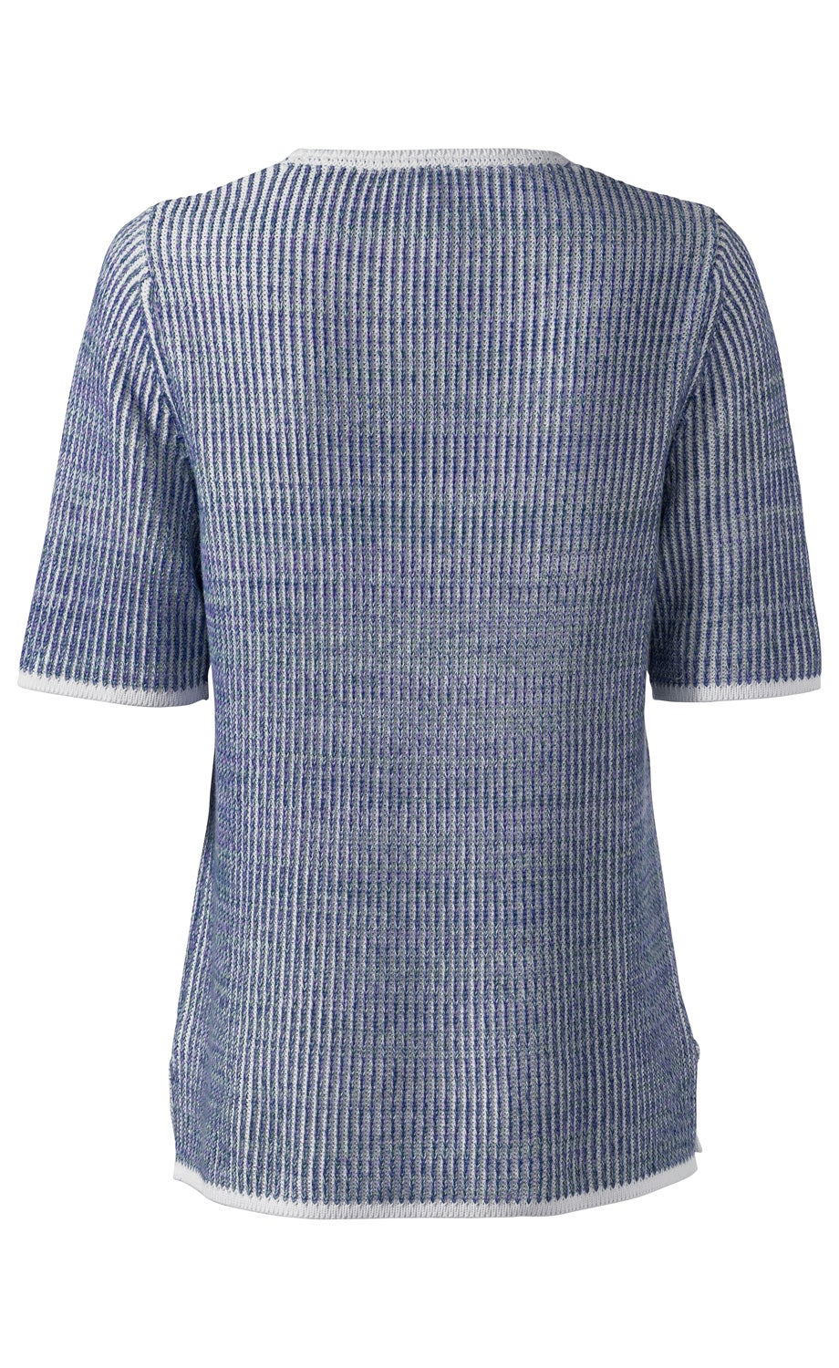 Baumwoll-Pullover, Rückseite, kurzärmlig, grau und blau meliert mit feinem Streifenmuster, Rundhalsausschnitt, weiße Kantenabschlüsse an Ärmeln und Saum, locker gestrickt, mittellang