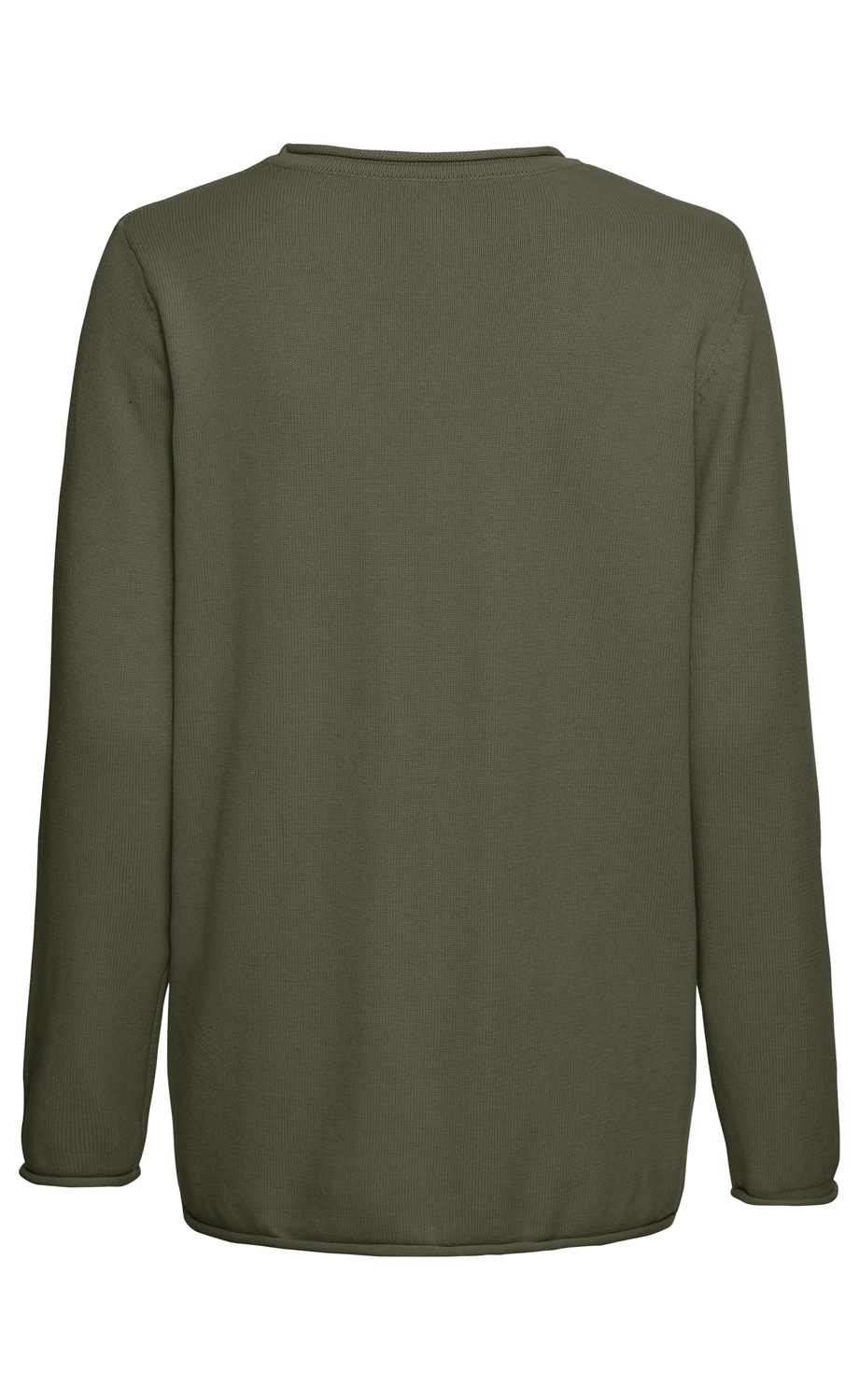 Baumwoll-Pullover in Olivgrün, Ansicht von hinten, langärmlig, gerader Schnitt, feine Struktur, Rundhalsausschnitt, minimale Nahtdetails an Schultern und Ärmeln