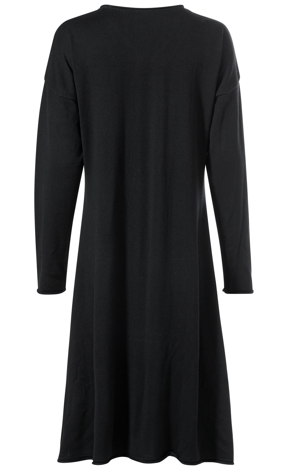 Schwarzes Baumwoll-Mix-Kleid, langärmlig, locker geschnitten, fließender Stoff, hinten abgebildet, knielang, klassische Passform, schlichtes Design ohne Muster oder Verzierungen