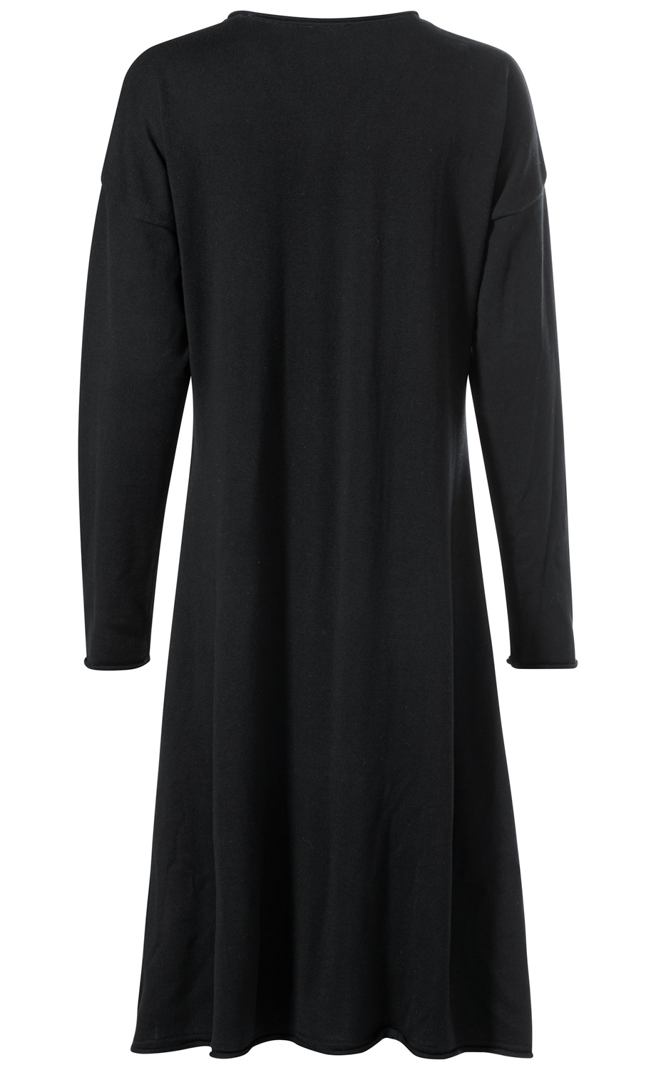 Schwarzes Baumwoll-Mix-Kleid, langärmlig, locker geschnitten, fließender Stoff, hinten abgebildet, knielang, klassische Passform, schlichtes Design ohne Muster oder Verzierungen