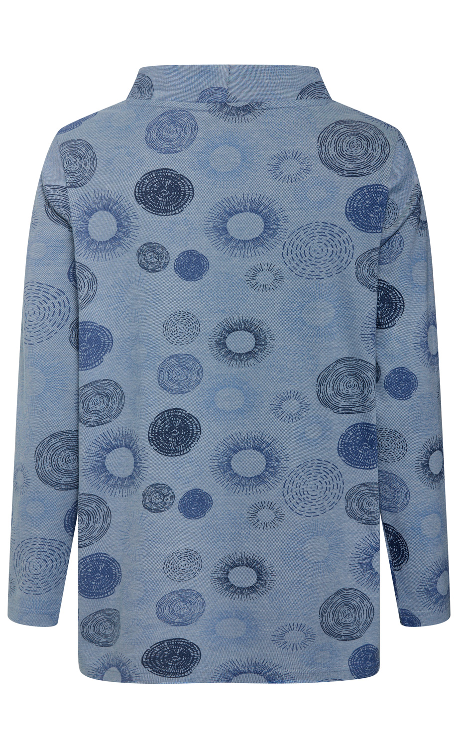 Hellblauer Langarmshirt-Rücken mit dunkleren blauen, kreisförmigen Mustern in verschiedenen Größen und Designs, hoher Kragen, strukturierte Stoffoberfläche, minimalistische, moderne Optik
