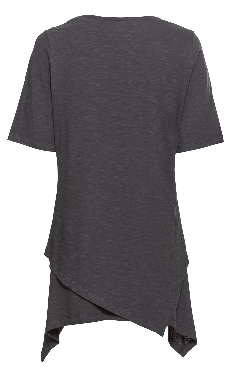 Rückansicht eines dunkelgrauen Baumwoll-Shirts mit kurzen Ärmeln, asymmetrischem Saum mit spitzen Ecken und unifarbenem, leicht meliertem Stoff.