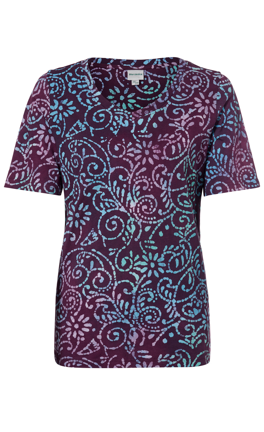 Damen Baumwoll-Shirt in Dunkellila mit Rundhalsausschnitt, kurzem Ärmel und abstraktem Batikmuster in Hellblau und Rosa